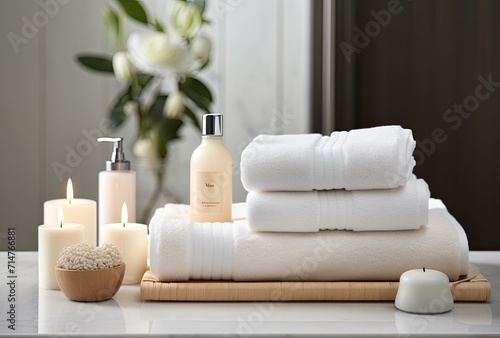 Close-up of spa products arranged on a white table in a bathroom, creating an inviting atmosphere for beauty treatment.