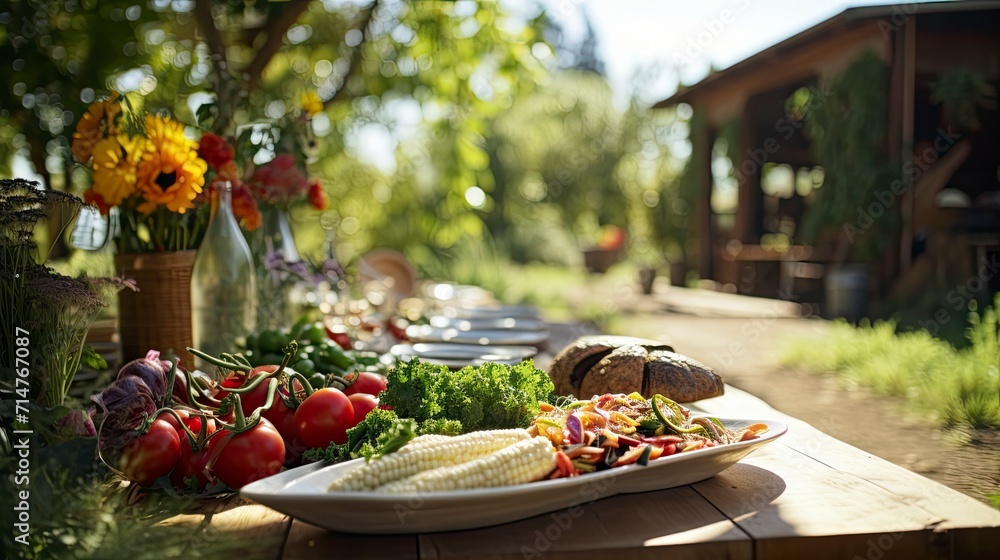 Farm-to-Table Cuisine, A rustic farm-to-table setting with fresh, organic produce and a beautifully prepared meal