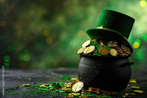Pot with gold coins, horseshoe and clover on table against dark background. St. Patrick's Day