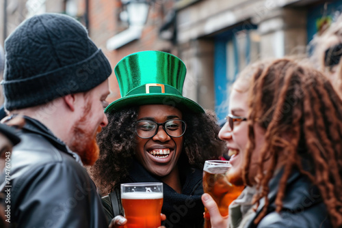 Group of friends celebrating St. Patrick's Day event on street of Dublin in Ireland. Happy men and woman with beer and leprechaun hats
