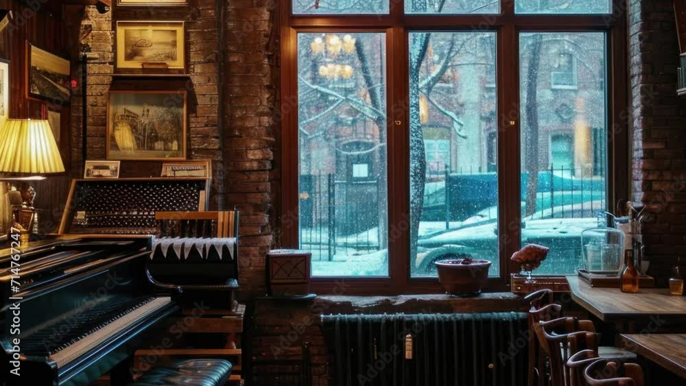 A cozy scene in a music bar with a piano, winter and it's snowing, loop animation A cozy scene in a music bar with a piano, winter and it's snowing, loop animation