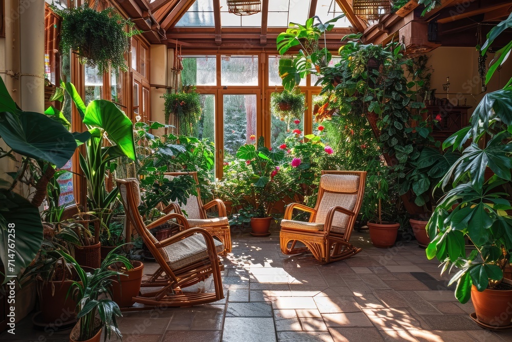 Beautiful winter garden or sunroom, enclosed porch with garden furniture and swing surrounded by greenery on a sunny day with warm sun light