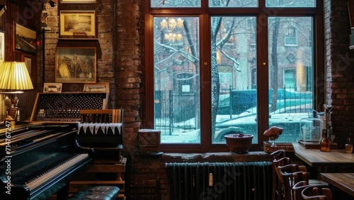 A cozy scene in a music bar with a piano, winter and it's snowing, loop animation photo