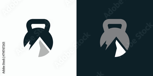 Illustration vector logo design, combination of kettle bell and mountain silhouette.