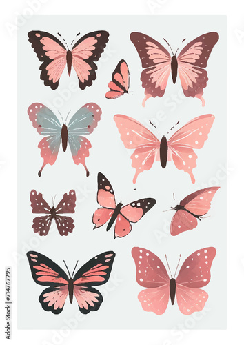 Set of Butterfly Stickers: Create a Delicate and Playful Atmosphere with these Watercolor-Styled Pink and Abstract Decals.