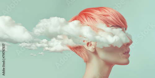 Clouds surrounding modern futuristic woman. Mental health peachy background. photo