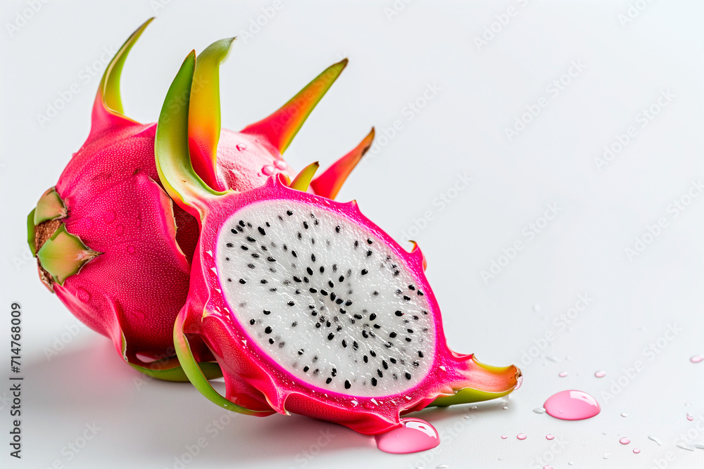Dragon fruit with drops of juice on white background Dragon fruit with drops of juice on white background