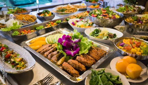 People group catering buffet food indoor in restaurant with meat colorful fruits and vegetables