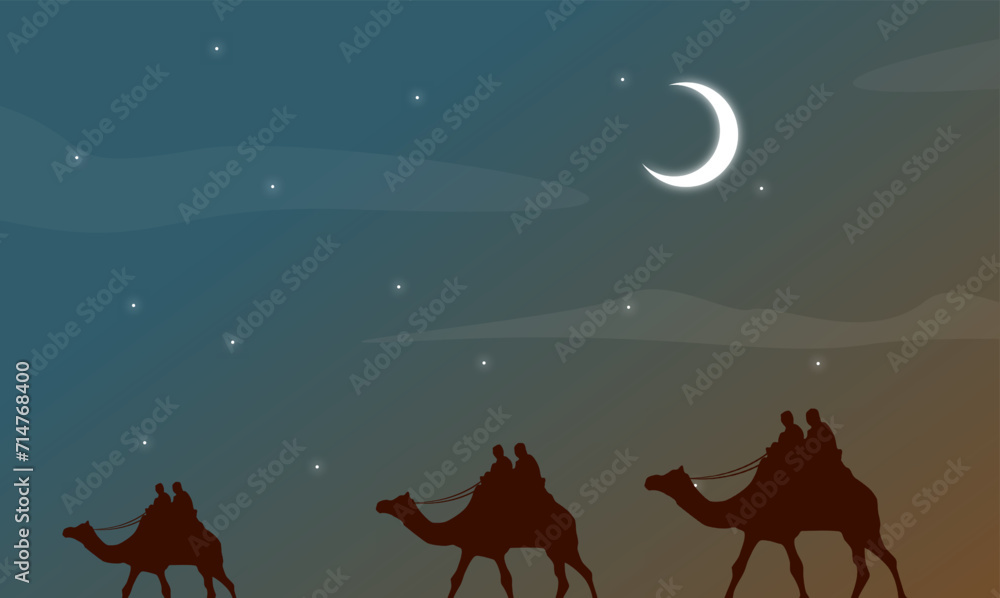 Vector landscape of people riding camels under the night sky, moon clouds and palm trees at night, desert sky views, mountain skies Vector landscape of people riding camels under the night sky, moon clouds and palm trees at night, desert sky views, mountain skies