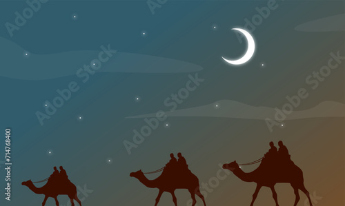 Wallpaper Mural Vector landscape of people riding camels under the night sky, moon clouds and palm trees at night, desert sky views, mountain skies Torontodigital.ca