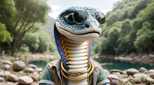 a youthful snake character wearing a gold necklace and sunglasses © Meeza