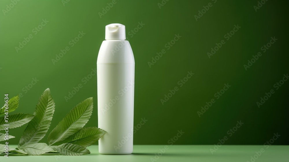 Green cosmetics. Trendy eco friendly skin care or hair care products with organic and natural elements. Cosmetic bottle and green leaves on green background. Beauty product presentation, copy space Green cosmetics. Trendy eco friendly skin care or hair care products with organic and natural elements. Cosmetic bottle and green leaves on green background. Beauty product presentation, copy space