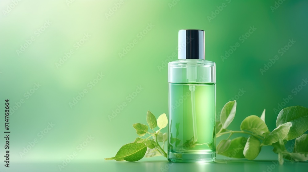 Beauty cosmetic bottle with serum skin care and green leaves on green background. Organic eco cosmetic product, sustainable, natural ingredient, trend. Space for text. Beauty cosmetic bottle with serum skin care and green leaves on green background. Organic eco cosmetic product, sustainable, natural ingredient, trend. Space for text.