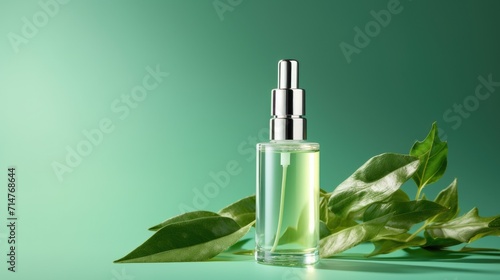 Beauty cosmetic bottle with serum skin care and green leaves on green background. Organic eco cosmetic product, sustainable, natural ingredient, trend. Space for text.