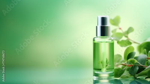 Beauty cosmetic bottle with serum skin care and green leaves on green background. Organic eco cosmetic product  sustainable  natural ingredient  trend. Space for text.