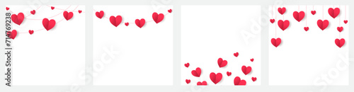 Red hearts decoration. Valentine's day frame, border. Wedding string ornaments isolated on transparent background. Mother's day garland. Square format for social media. Vector.