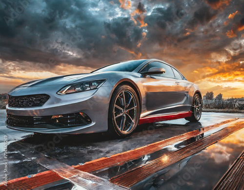 Luxury Performance Vehicle at Dusk clouds side profile