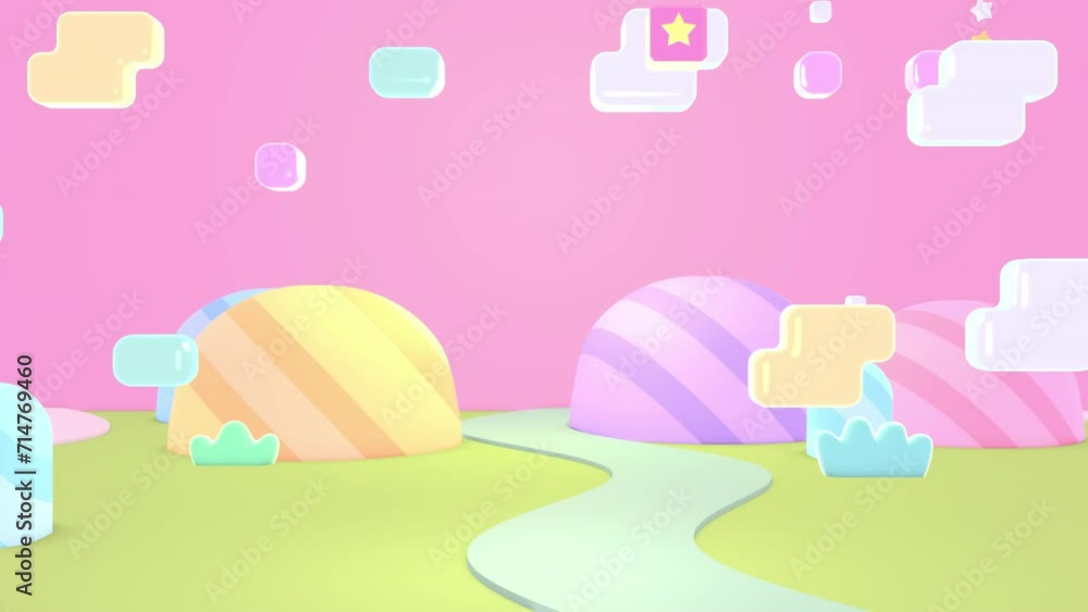 Looped cartoon land with striped mountains, flying bubble clouds, magic boxes, stars, curly roads, and green grass animation.