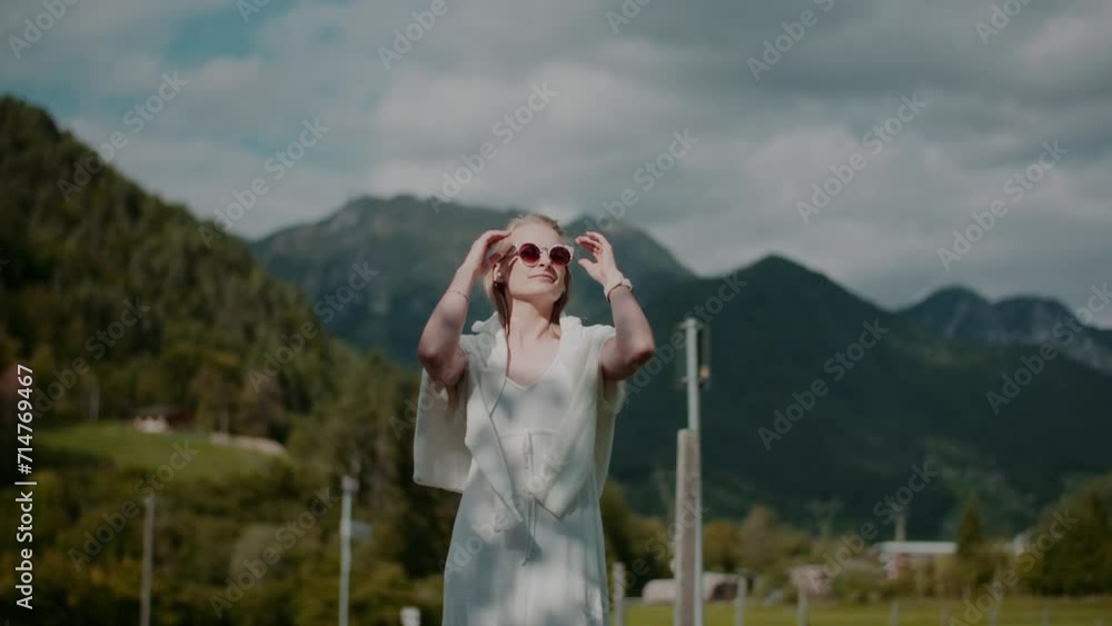Positive Happy Daydreaming Woman Walking Outdoors Positive Happy Daydreaming Woman Walking Outdoors