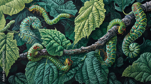 Silkworms move gracefully across a canvas of mulberry leaves, creating a living tapestry in a serene outdoor setting. The vibrant greenery and gentle movement of the silkworms cele photo