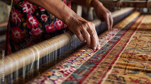 In a traditional silk weaving workshop, skilled artisans create intricate patterns using silk threads on wooden looms. The combination of craftsmanship and cultural heritage is evi