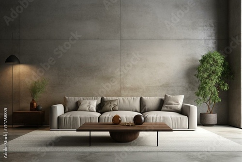 Contemporary lounge with smooth concrete, minimalistic style, cozy couch. Generative AI