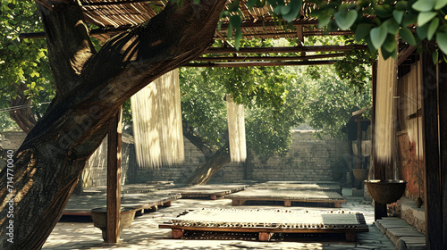 A serene scene of silkworms weaving silk threads under the shade of ancient mulberry trees. The timeless setting emphasizes the enduring connection between nature and silk producti photo