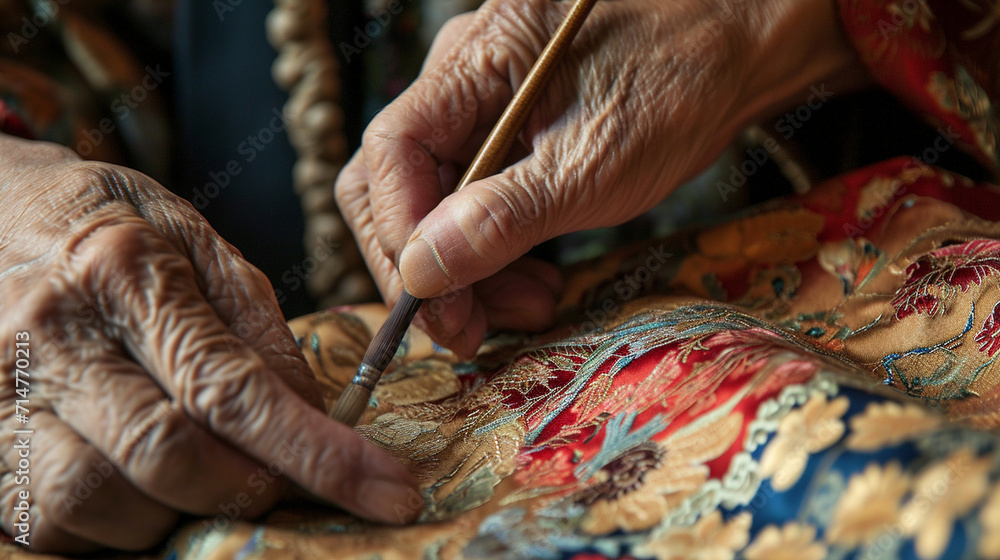 A closeup of an artisan's hands meticulously handpainting silk fabric