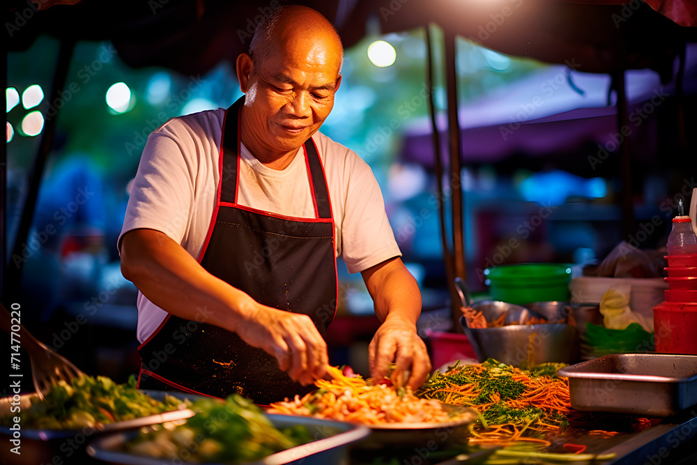 Chef prepares delicious pad thai in a street. Chef prepares delicious pad thai in a street.