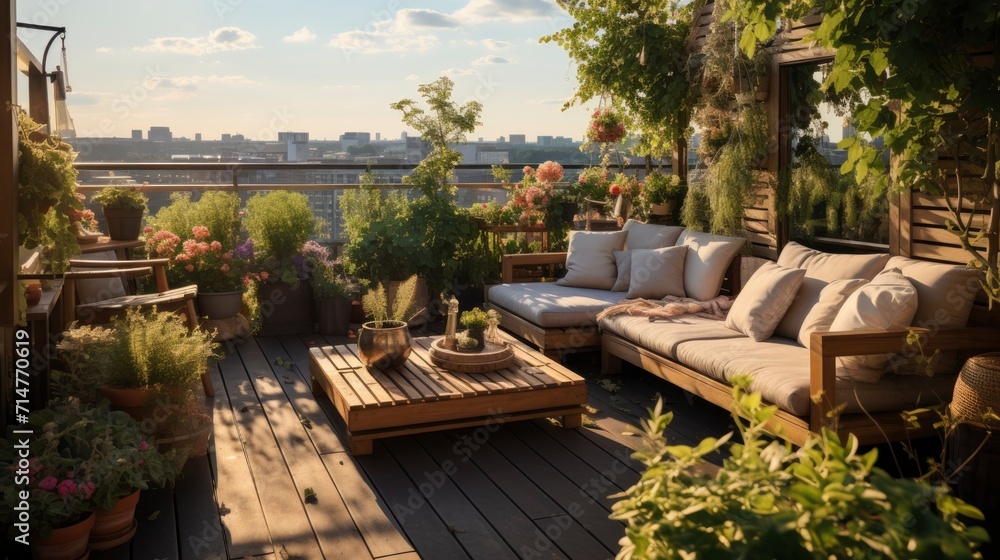 Urban Gardening, A cozy rooftop garden in an urban setting, with a variety of plants and comfortable seating Urban Gardening, A cozy rooftop garden in an urban setting, with a variety of plants and comfortable seating