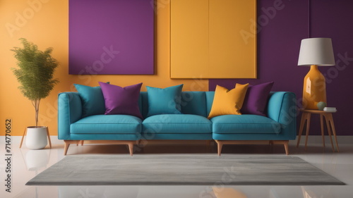 Corner vibrant fabric sofa near purple wall. Interior design of modern living room