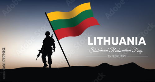 Lithuania Statehood Restoration Day 16 February standing solider with waving flag vector illustration photo