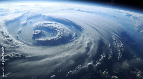 Riesiger Hurricane mit Blick aus dem Weltall auf die Erde, Wirbelsturm mit großen Wolkenbändern