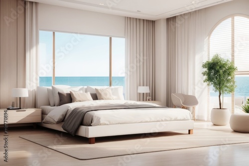 Interior home design of modern bedroom with white bed  seaside house and white wall