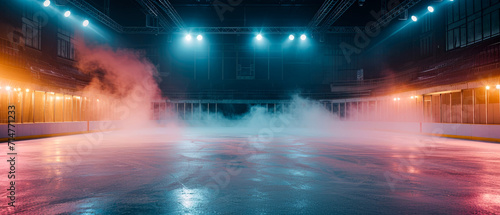Ice Rink Background. Professional Arena illuminated neon lights, spotlights with smoke. Copyspace. Winter poster for hockey competitions. Ice skating. Stadium. Generative ai © Inai