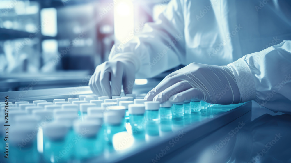 Medical Gloves Handling Test Tube Vials in Laboratory, Vaccine, Covid - Generative AI