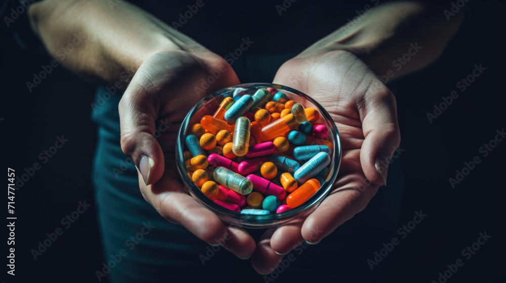 Hands Holding Bowl of Multicolored Pills, Generative AI