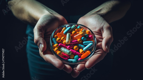 Obraz na płótnie Hands Holding Bowl of Multicolored Pills, Generative AI w salonie