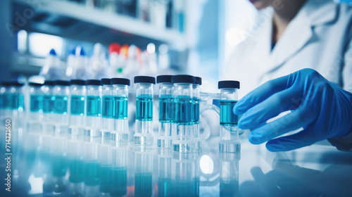 Obraz na płótnie Medical Gloves Handling Test Tube Vials in Laboratory, Vaccine, Covid - Generative AI w salonie