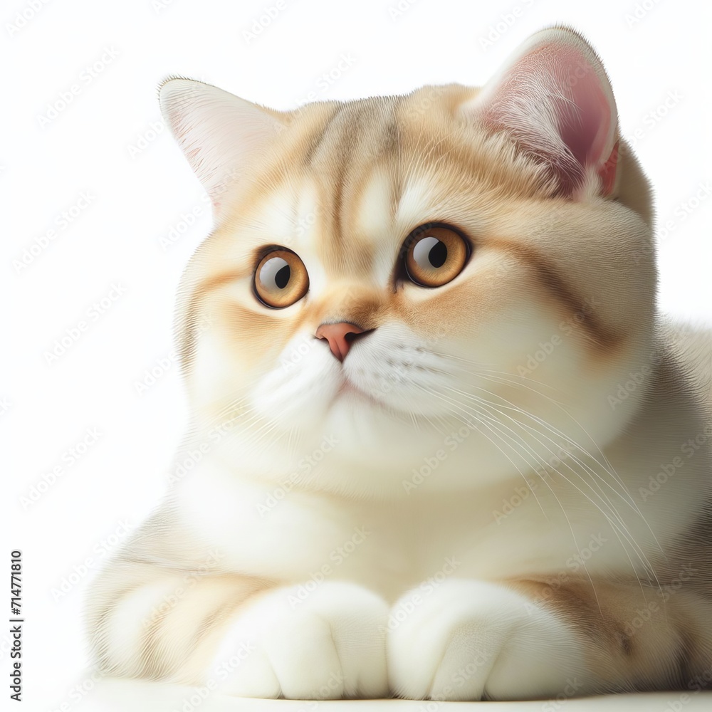 A cute, attentive cat with striking eyes and soft fur, isolated on a white background. The cat has prominent whiskers and perked up ears indicating curiosity or attention.