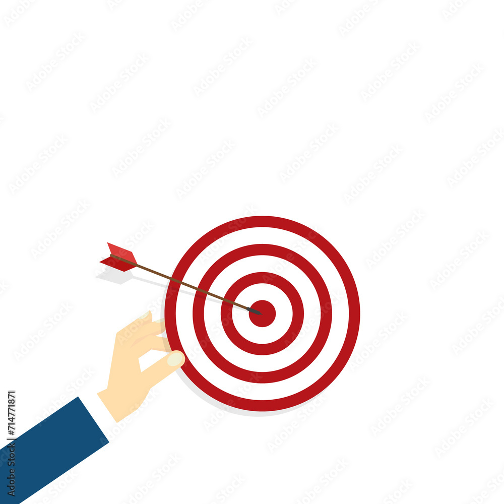 Hand holding a target, showing a goal. Red arrow hits the center. Business challenge failure and success concept.
