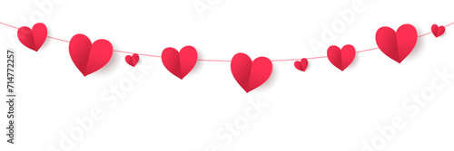 Red hearts seamless decoration. Valentine's day frame, border. Wedding string ornaments isolated on transparent background. Mother's day garland. For banners, party posters. Vector.