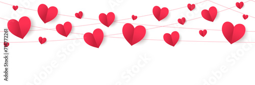 Red hearts seamless decoration. Valentine's day frame, border. Wedding string ornaments isolated on transparent background. Mother's day garland. For banners, party posters. Vector.