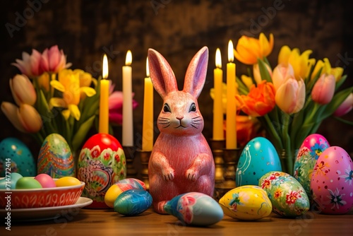 Photo of easter scene for easter, with easter bunny, colorful easter eggs