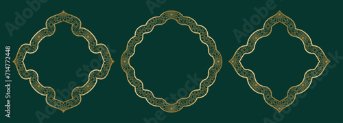 Gold geometric ornamental frame, round and square shapes Islamic window with girikh pattern, silhouette Arabic rhombus. Luxury set in oriental style. Frames in Arabic Muslim design vector illustration