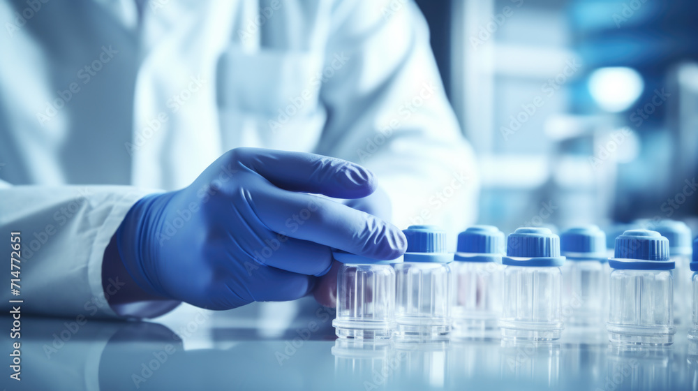 Medical Gloves Handling Test Tube Vials in Laboratory, Vaccine, Covid, Generative AI