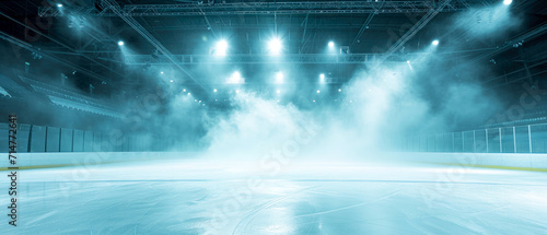 Turquoise Ice Rink Background. Professional Arena illuminated neon lights, spotlights with smoke. Copyspace. Winter poster for hockey competitions. Ice skating. Stadium. Generative ai © Inai
