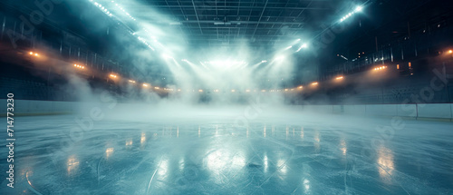 Turquoise Ice Rink Background. Professional Arena illuminated neon lights  spotlights with smoke. Copyspace. Winter poster for hockey competitions. Ice skating. Stadium. Generative ai