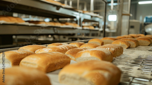 Industrial Bread Production Line - Freshly Baked Loaves on Conveyor Belt in Factory Setting