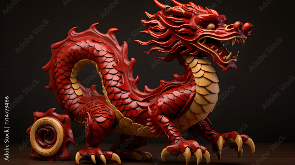 Chinese New Year of wooden dragon. Red and light brown dragon. Dark background. 